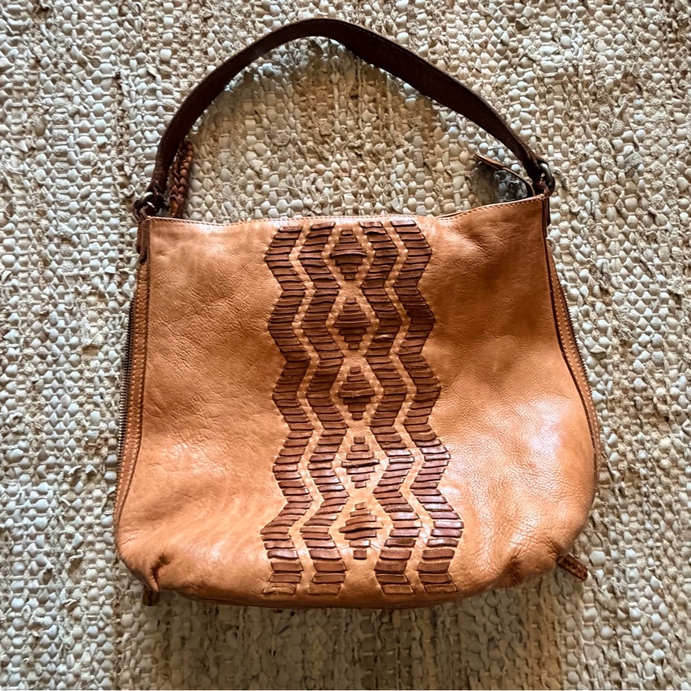 Tan Leather Shoulder Bag with Woven Accent